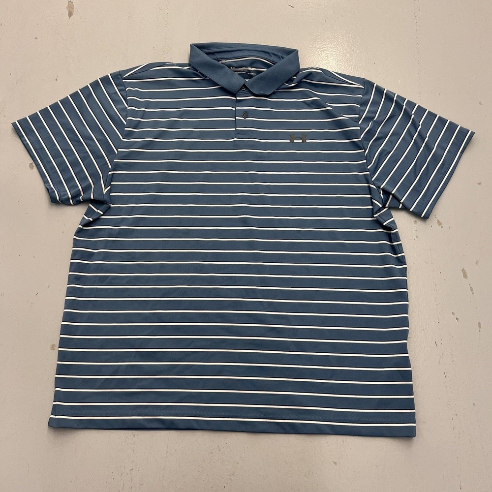 Under Armour Mens 2XL Blue Striped HeatGear Loose Fit Performance Golf Polo
